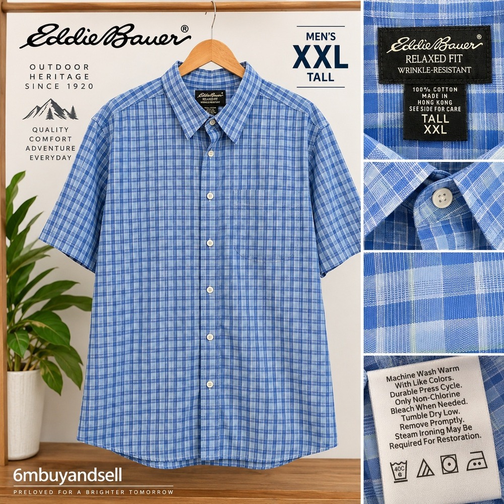 Eddie Bauer Mens XXL Tall Blue Plaid Short Sleeve Button Up Relaxed Fit Shirt - Picture 10 of 12